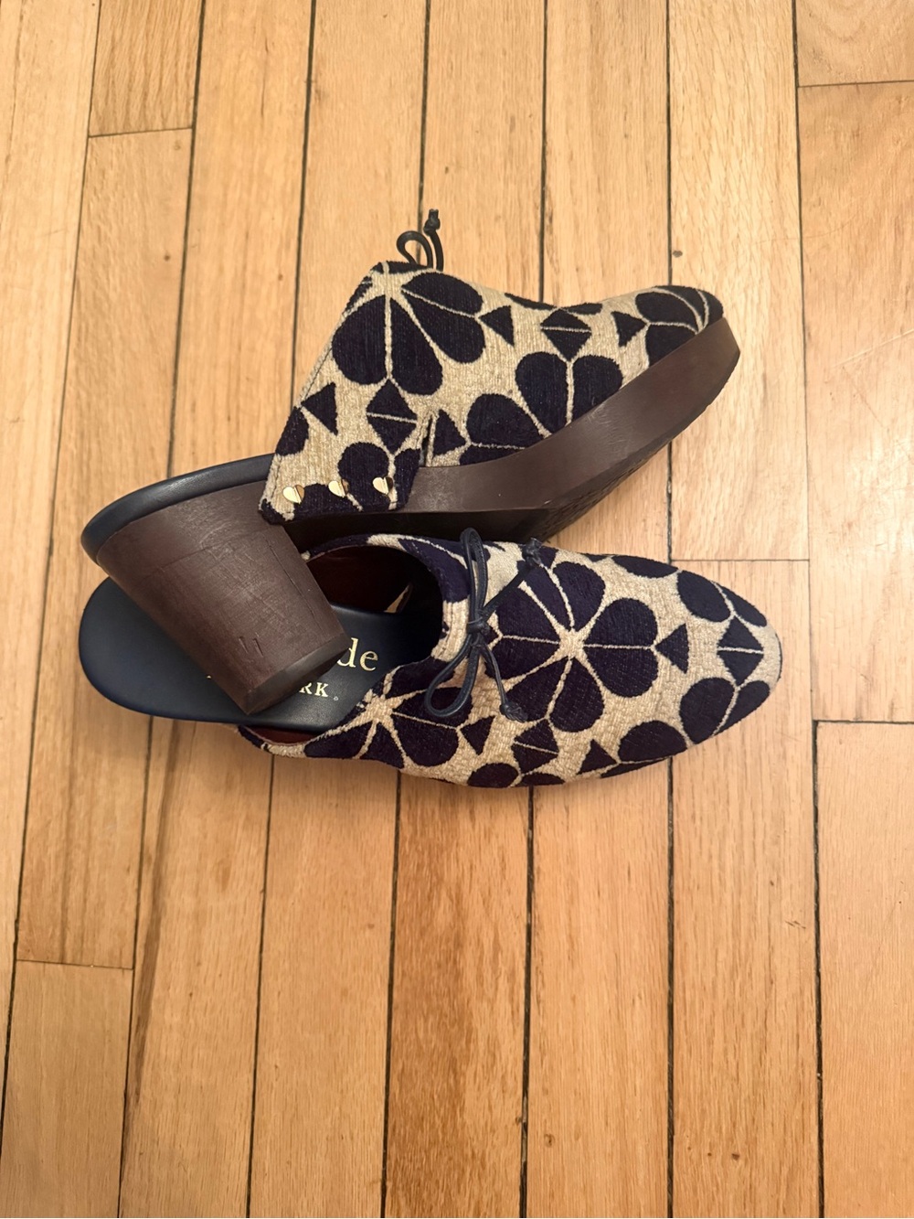kate spade Navy and Cream Floral Embroidered Mules - Picture 2 of 5